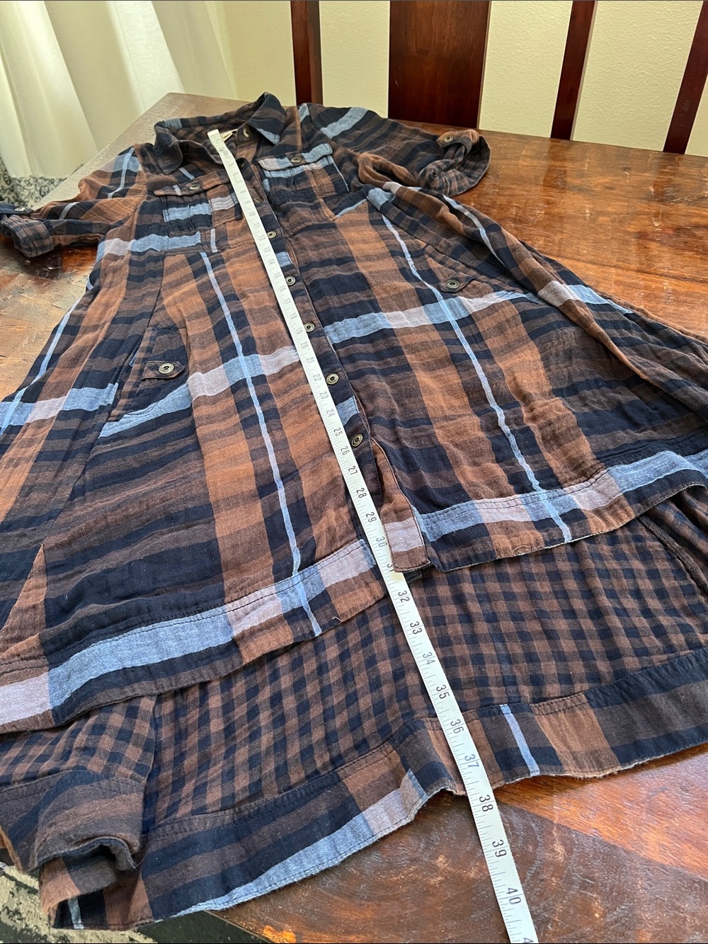HOLDING HORSES Mixed Plaid Shirt Dress High-Low Handkerchief Hem Blue/Brown SZ 2 - Picture 13 of 15